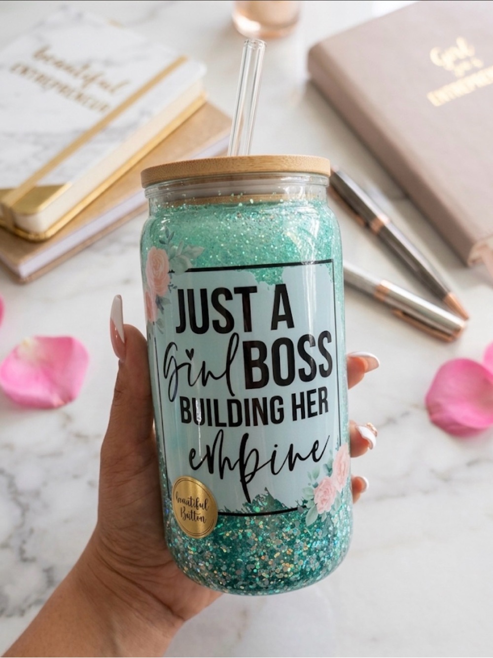 Custom Just A Girl Boss Teal Glitter Tumbler with Straw